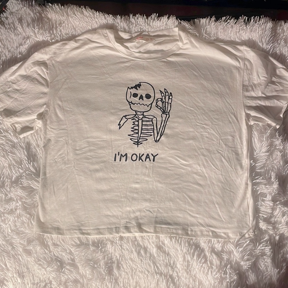 white t-shirt “i’m okay” skeleton graphic